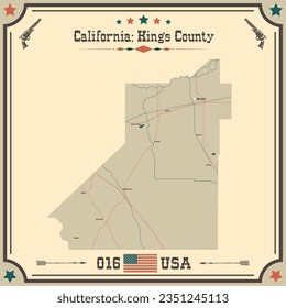Mapa grande y preciso del condado de Kings, California, EE.UU. con colores antiguos.