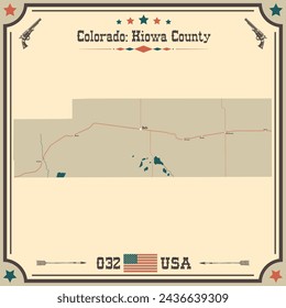 Large and accurate map of Kiowa County, Colorado, USA with vintage colors.