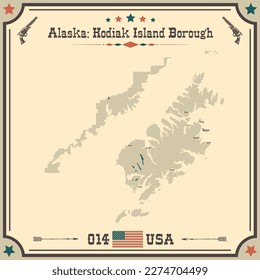 Große und genaue Karte von Kodiak Island Borough, Alaska, USA mit Vintage-Farben.