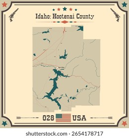 Mapa Grande y exacto del condado de Kootenai, Idaho, Estados Unidos con colores vintage.