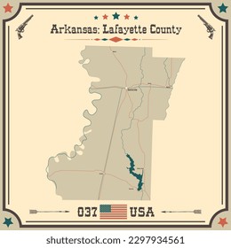 Mapa grande y preciso del condado de Lafayette, Arkansas, EE.UU. con colores antiguos.