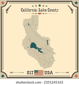 Mapa grande y preciso del condado de Lake County, California, EE.UU. con colores antiguos.