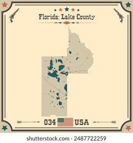 Mapa Grande y preciso de Lake County, Florida, Estados Unidos con colores vintage.