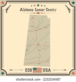 Large and accurate map of Lamar county, Alabama, USA with vintage colors.