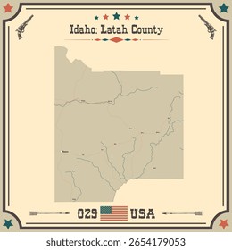 Mapa grande e preciso de Latah County, Idaho, Estados Unidos da América com cores vintage.