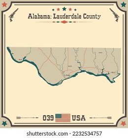 Large and accurate map of Lauderdale county, Alabama, USA with vintage colors.