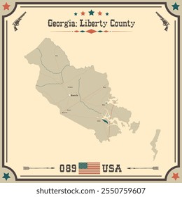 Large and accurate map of Liberty County, Georgia, USA with vintage colors.
