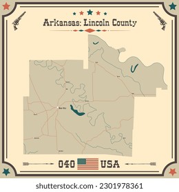 Large and accurate map of Lincoln County, Arkansas, USA with vintage colors.
