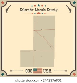 Mapa grande y preciso del condado de Lincoln, Colorado, EE.UU. con colores vintage.
