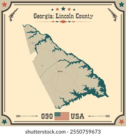 Large and accurate map of Lincoln County, Georgia, USA with vintage colors.