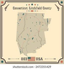 Large and accurate map of Litchfield County, Connecticut, USA with vintage colors.
