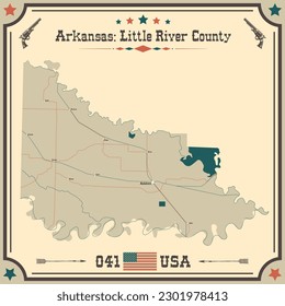 Mapa grande y preciso del condado de Little River, Arkansas, EE.UU. con colores vintage.