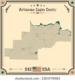 Large and accurate map of Logan County, Arkansas, USA with vintage colors.