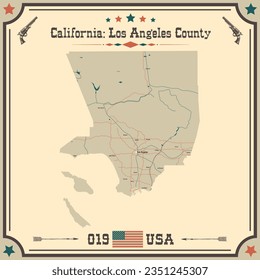 Mapa grande y preciso del condado de Los Angeles, California, EE.UU. con colores antiguos.