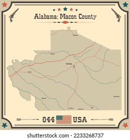 Large and accurate map of Macon county, Alabama, USA with vintage colors.