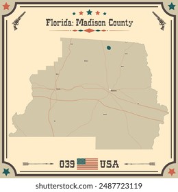 Large and accurate map of Madison County, Florida, USA with vintage colors.