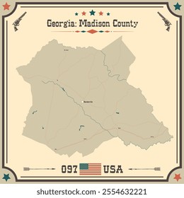 Large and accurate map of Madison County, Georgia, USA with vintage colors.