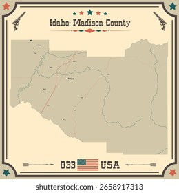 Large and accurate map of Madison County, Idaho, USA with vintage colors.