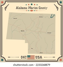 Mapa grande y preciso del condado de Marion, Alabama, EE.UU. con colores vintage.