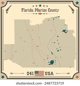 Large and accurate map of Marion County, Florida, USA with vintage colors.