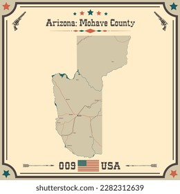 Mapa grande y preciso del condado de Mohave, Arizona, EE.UU. con colores antiguos.