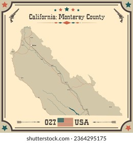 Mapa grande y preciso del condado de Monterey, California, EE.UU. con colores antiguos.