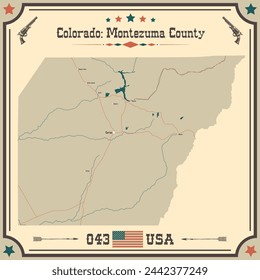 Mapa grande y preciso del condado de Montezuma, Colorado, EE.UU. con colores vintage.