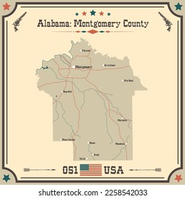 Large and accurate map of Montgomery county, Alabama, USA with vintage colors.