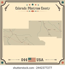 Large and accurate map of Montrose County, Colorado, USA with vintage colors.