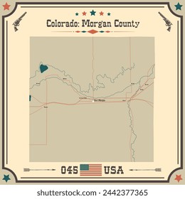 Large and accurate map of Morgan County, Colorado, USA with vintage colors.
