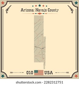 Large and accurate map of Navajo County, Arizona, USA with vintage colors.