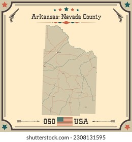 Large and accurate map of Nevada County, Arkansas, USA with vintage colors.