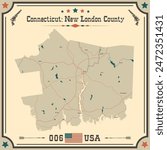 Large and accurate map of New London County, Connecticut, USA with vintage colors.