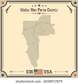 Mapa Grande y preciso del condado de Nez Perce, Idaho, Estados Unidos con colores vintage.