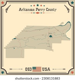 Large and accurate map of Perry County, Arkansas, USA with vintage colors.