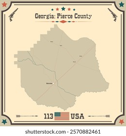 Large and accurate map of Pierce County, Georgia, USA with vintage colors.