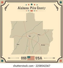 Mapa grande y preciso del condado de Pike, Alabama, Estados Unidos con colores vintage.