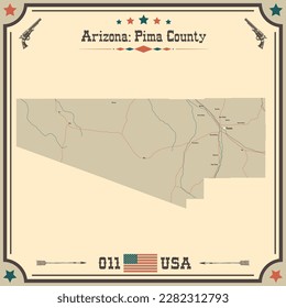 Mapa grande y preciso del condado de Pima, Arizona, EE.UU. con colores antiguos.