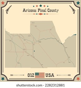 Mapa grande y preciso del condado de Pinal, Arizona, EE.UU. con colores vintage.