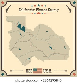 Mapa grande y preciso del condado de Plumas, California, EE.UU. con colores antiguos.
