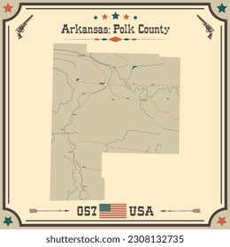 Mapa grande y preciso del Condado de Polk, Arkansas, EE.UU. con colores antiguos.
