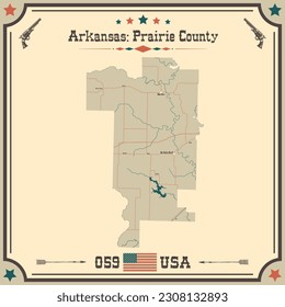 Große und genaue Karte von Prairie County, Arkansas, USA mit Vintage-Farben.