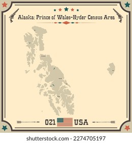 Large and accurate map of Prince of Wales-Hyder Census Area, Alaska, USA with vintage colors.