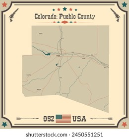 Large and accurate map of Pueblo County, Colorado, USA with vintage colors.