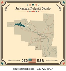 Große und genaue Karte von Pulaski County, Arkansas, USA mit Vintage Farben.