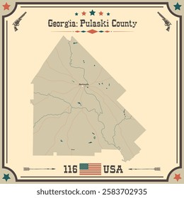 Large and accurate map of Pulaski County, Georgia, USA with vintage colors.