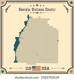 Large and accurate map of Quitman County, Georgia, USA with vintage colors.