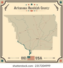 Mapa grande y preciso del condado Randolph, Arkansas, EE.UU. con colores vintage.
