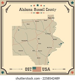 Mapa grande y preciso del condado Russell, Alabama, EE.UU. con colores antiguos.