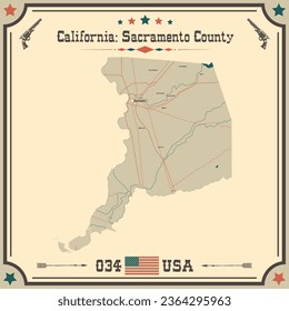 Large and accurate map of Sacramento County, California, USA with vintage colors.